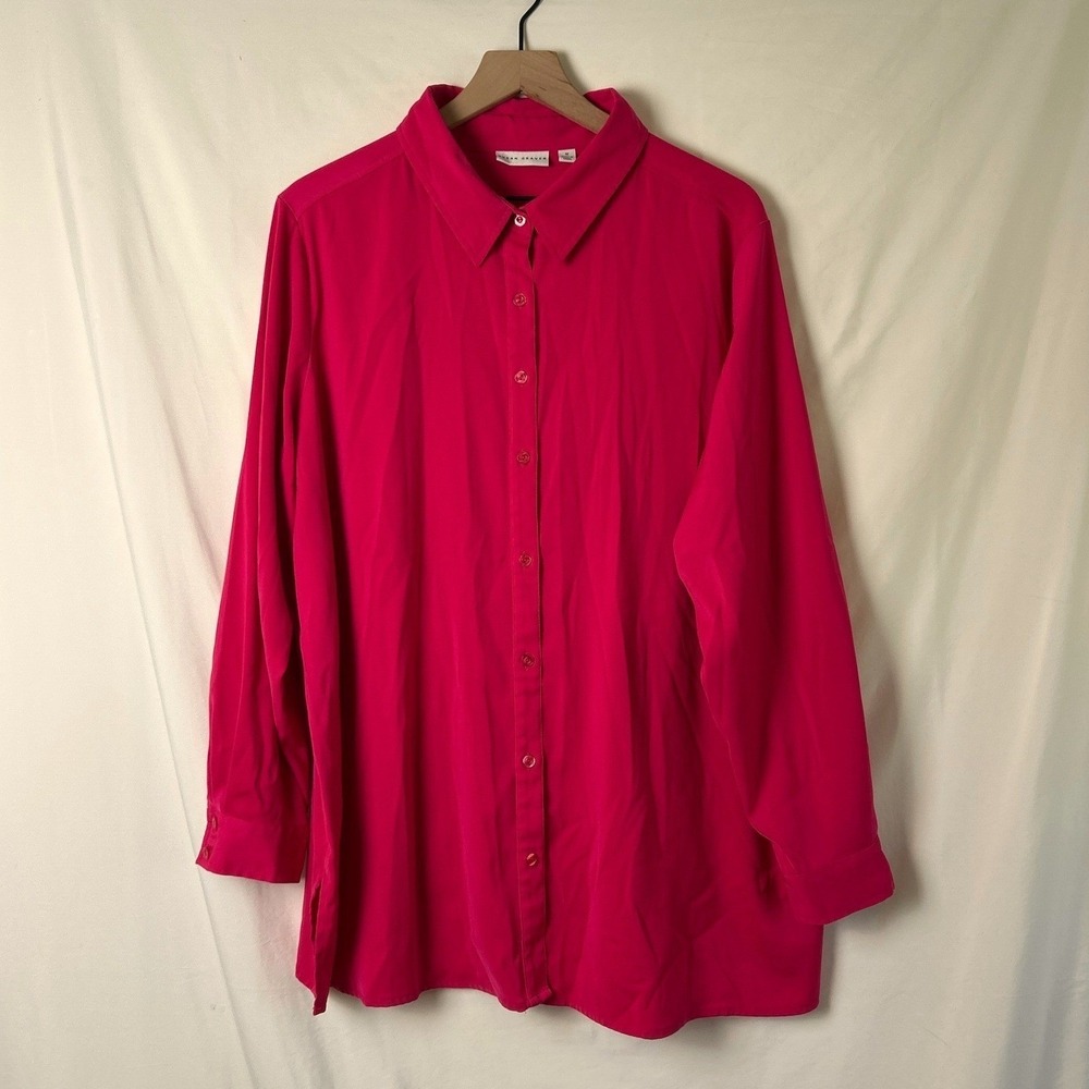 Susan Graver Womens Stretch Long Sleeve Button Front Blouse Size 1X Pink Bold